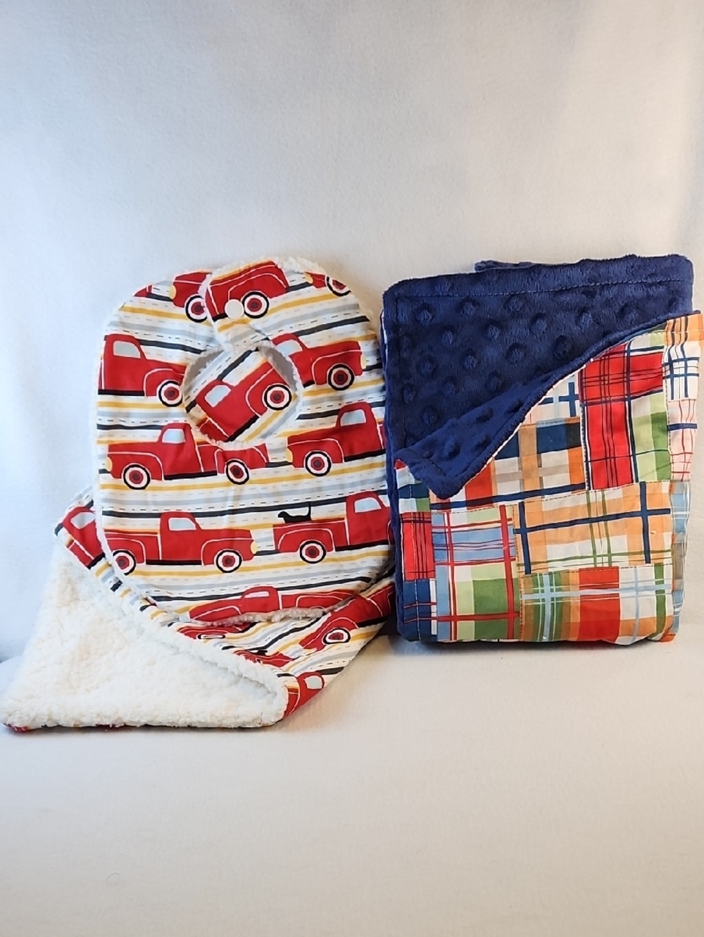Red Truck Baby Bib and Burp Cloth Set And A Stripe Pattern